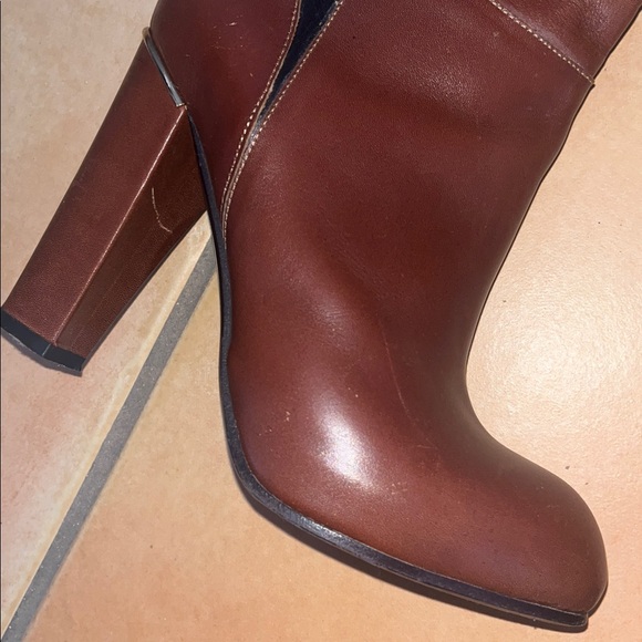 Two Tone Black & Brown Knee High Leather Boots with Gold Accents - Picture 7 of 11